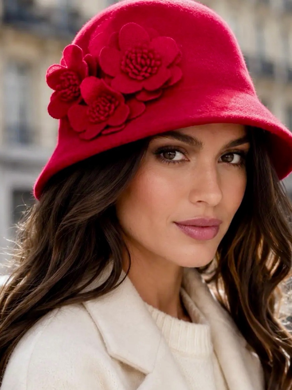 Pia Rossini Elegant Red Floral Wool Downbrim Lyla Adjustable Hat NWT